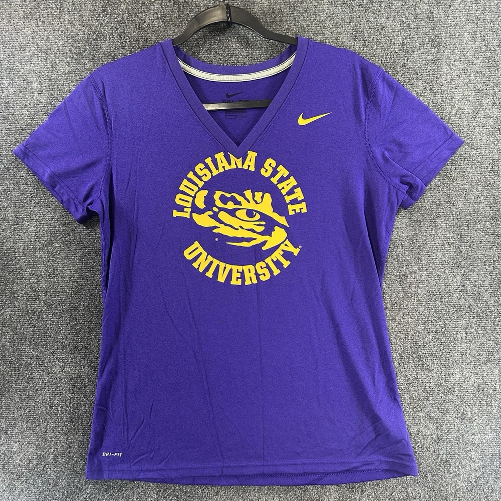 Nike Dri-Fit LSU Tigers V-Neck T-Shirt Womens Large Purple Gold Louisiana State